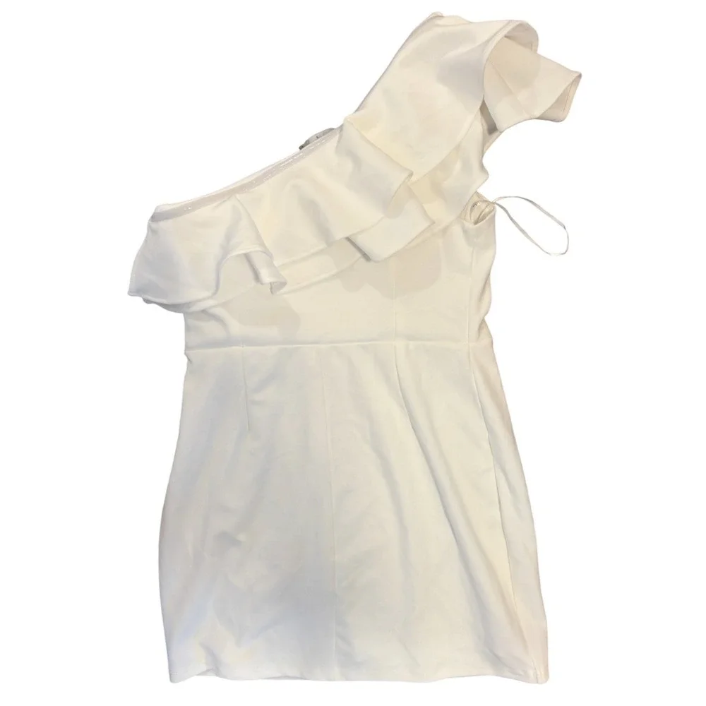 NWT Lulus Enticing Behavior White Ruffled One-Shoulder Mini Dress Sz L